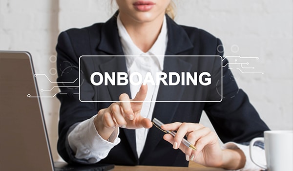Businessman presses button onboarding process business on virtual panel