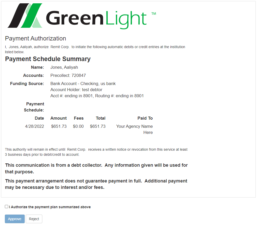 Payment authorization of greenlight